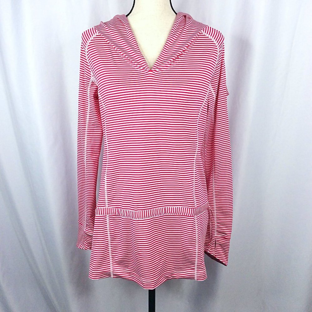 Columbia PFG Hoodie Tunic Top Drawstring Waist Striped